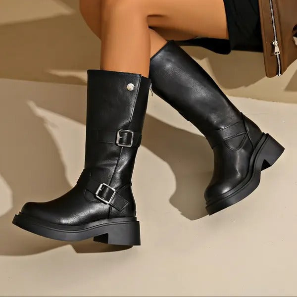 Tess - Dames Kniehoge Laarzen Chunky met Plateauzool en Dubbele Gesp