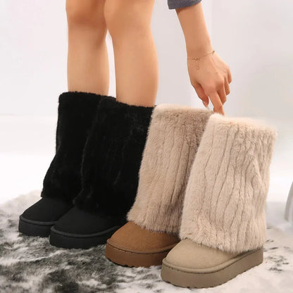 Tess - Dames Winterlaarzen Kuithoogte met Fleecevoering en Gebreide Schacht