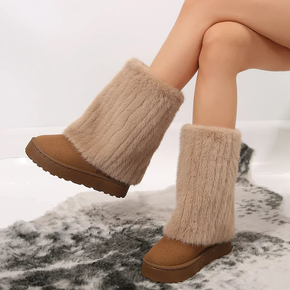 Tess - Dames Winterlaarzen Kuithoogte met Fleecevoering en Gebreide Schacht
