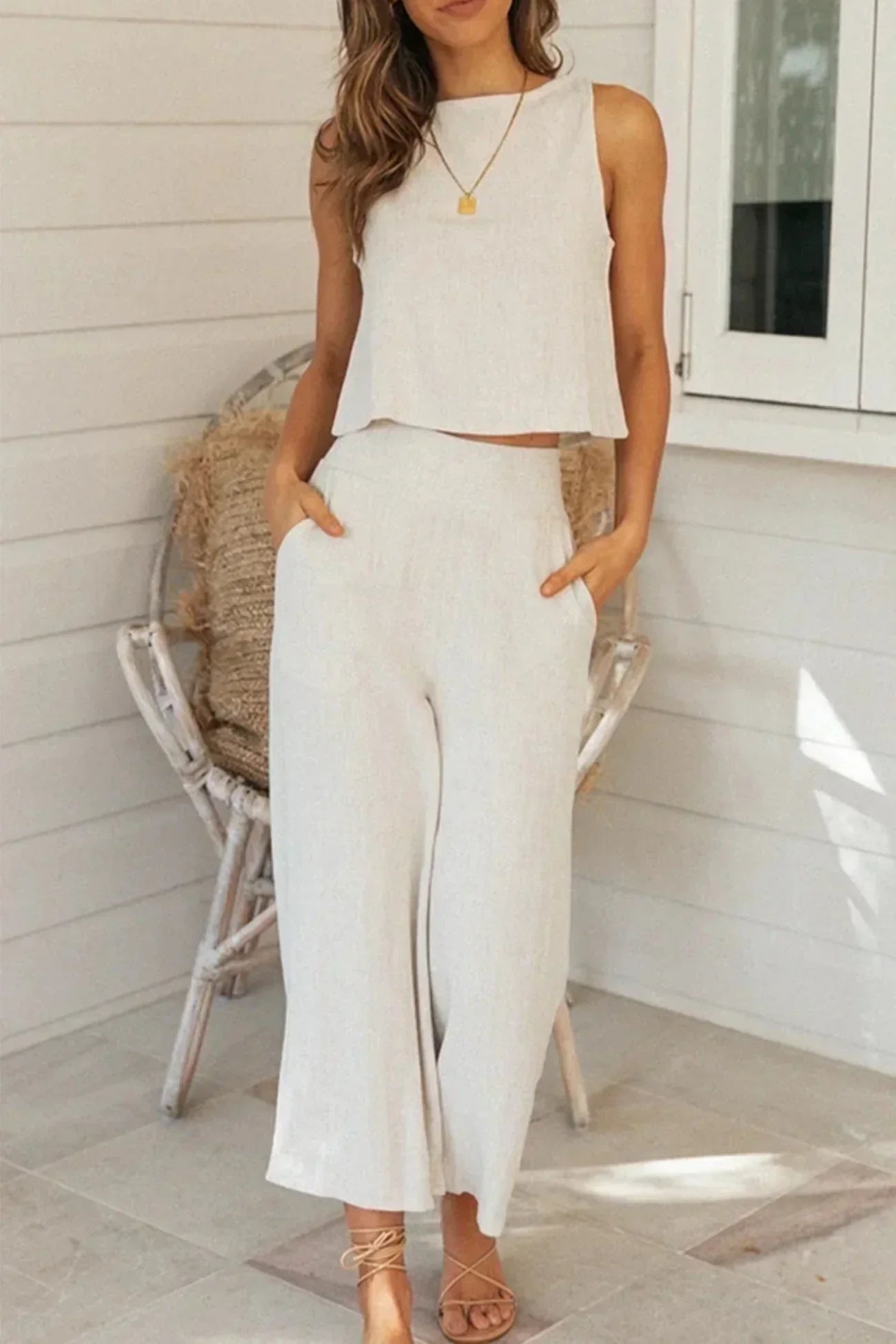 Tess - Luchtige Linnen Co-ord Set Dames met Cropped Top en Wijde Broek