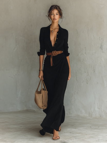 Tess - Stijlvolle Zomerjurk Dames Maxi met Overhemdkraag en Ceintuur