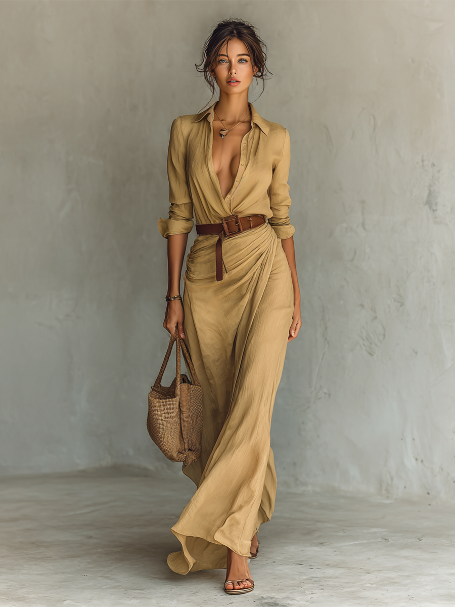 Tess - Stijlvolle Zomerjurk Dames Maxi met Overhemdkraag en Ceintuur