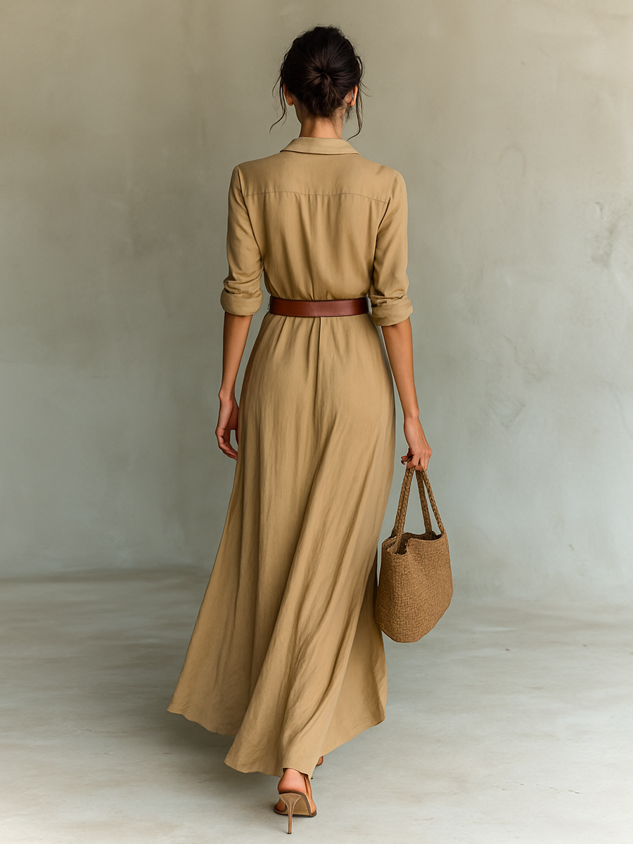 Tess - Stijlvolle Zomerjurk Dames Maxi met Overhemdkraag en Ceintuur