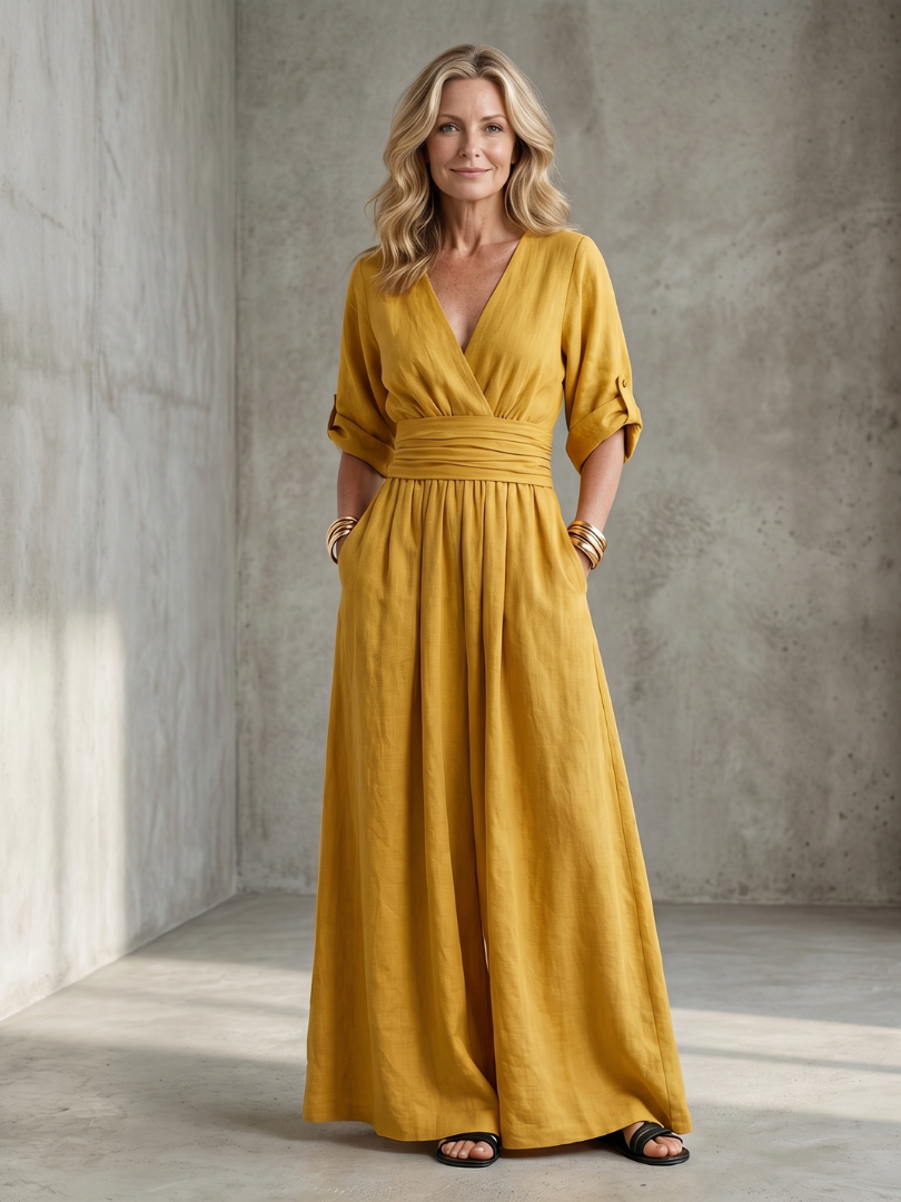 Tess - Stoere Linnen Jumpsuit Dames met Wikkelstijl en Brede Ceintuur