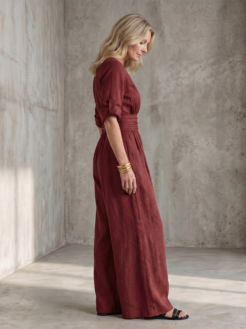 Tess - Stoere Linnen Jumpsuit Dames met Wikkelstijl en Brede Ceintuur