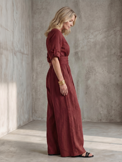 Tess - Stoere Linnen Jumpsuit Dames met Wikkelstijl en Brede Ceintuur