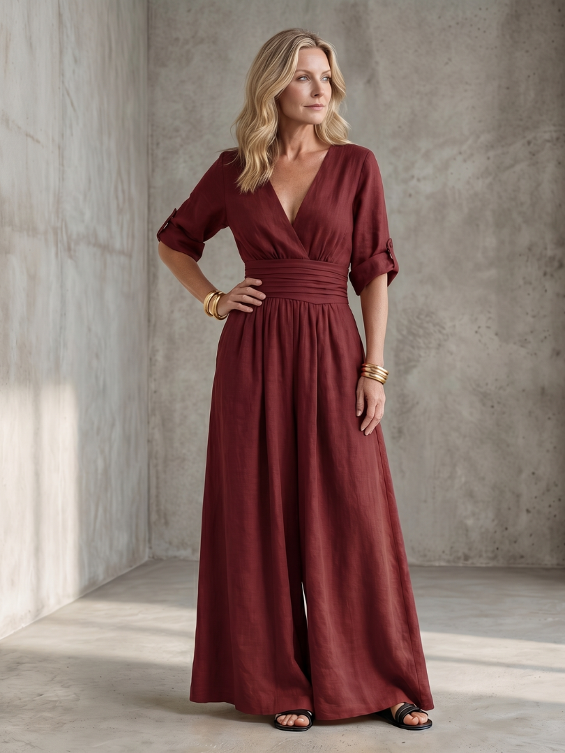 Tess - Stoere Linnen Jumpsuit Dames met Wikkelstijl en Brede Ceintuur