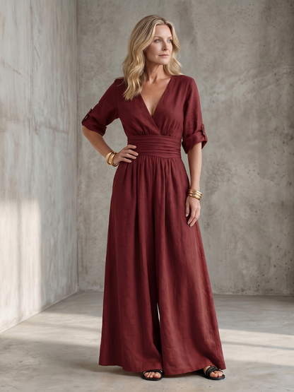 Tess - Stoere Linnen Jumpsuit Dames met Wikkelstijl en Brede Ceintuur
