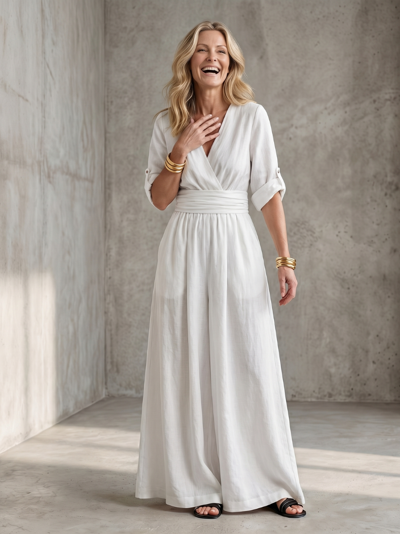 Tess - Stoere Linnen Jumpsuit Dames met Wikkelstijl en Brede Ceintuur