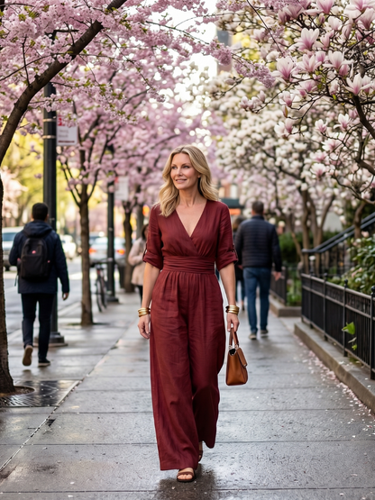 Tess - Stoere Linnen Jumpsuit Dames met Wikkelstijl en Brede Ceintuur