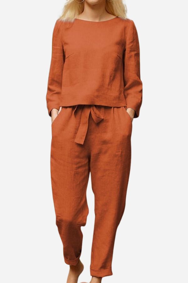 Tess - Relaxed Linnen Co-ord Set Dames met Ronde Hals Top en Strikbroek
