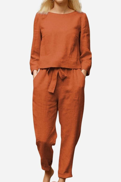 Tess - Relaxed Linnen Co-ord Set Dames met Ronde Hals Top en Strikbroek