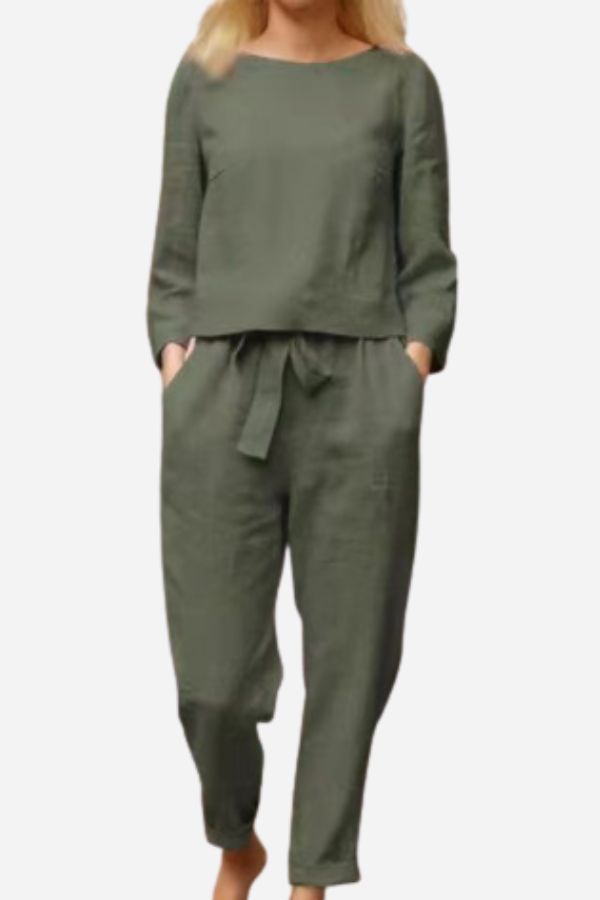 Tess - Relaxed Linnen Co-ord Set Dames met Ronde Hals Top en Strikbroek