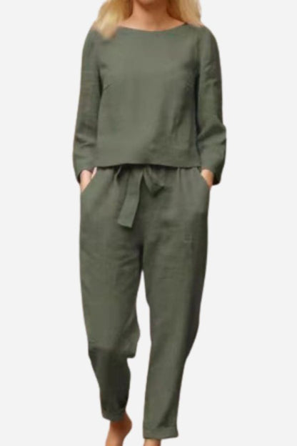 Tess - Relaxed Linnen Co-ord Set Dames met Ronde Hals Top en Strikbroek