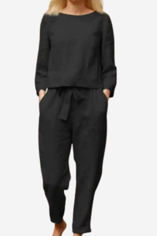Tess - Relaxed Linnen Co-ord Set Dames met Ronde Hals Top en Strikbroek