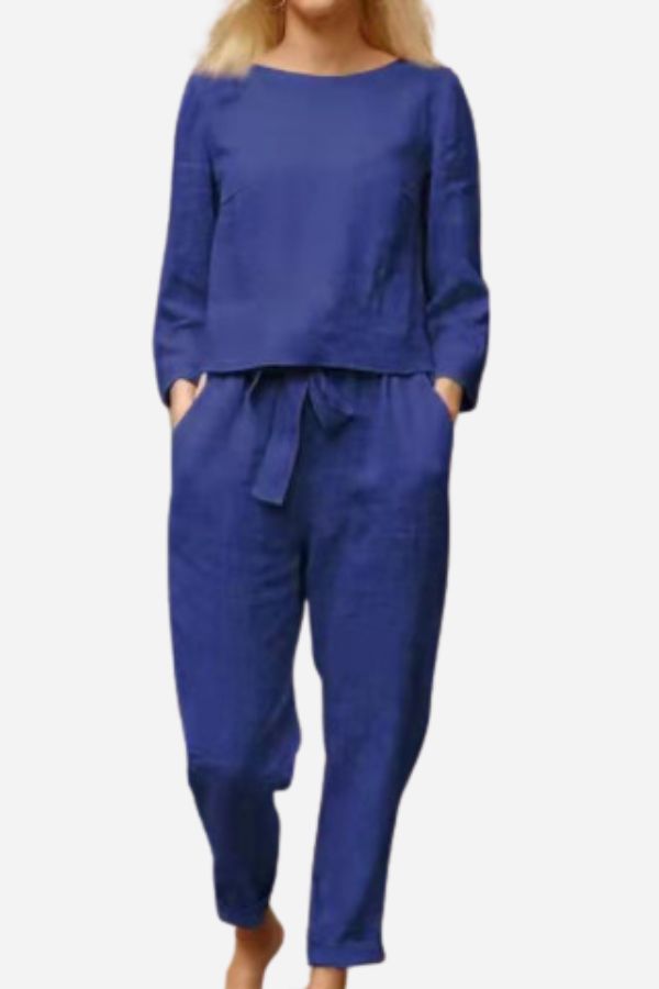 Tess - Relaxed Linnen Co-ord Set Dames met Ronde Hals Top en Strikbroek