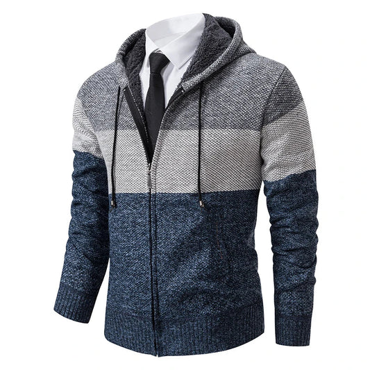 Thijs - Heren Hoodie Gebreid Blokpatroon met Ritssluiting en Fleecevoering