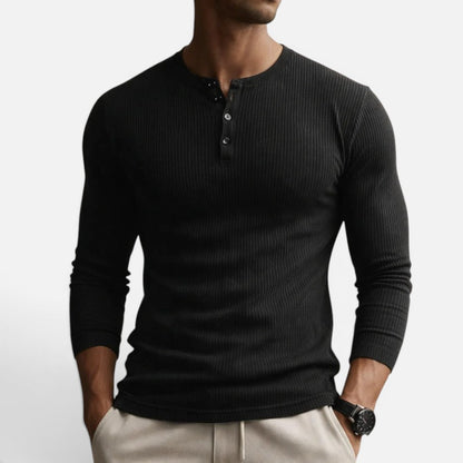 Thijs - Heren Longsleeve met Geribde Structuur en Knoopjes bij de Hals