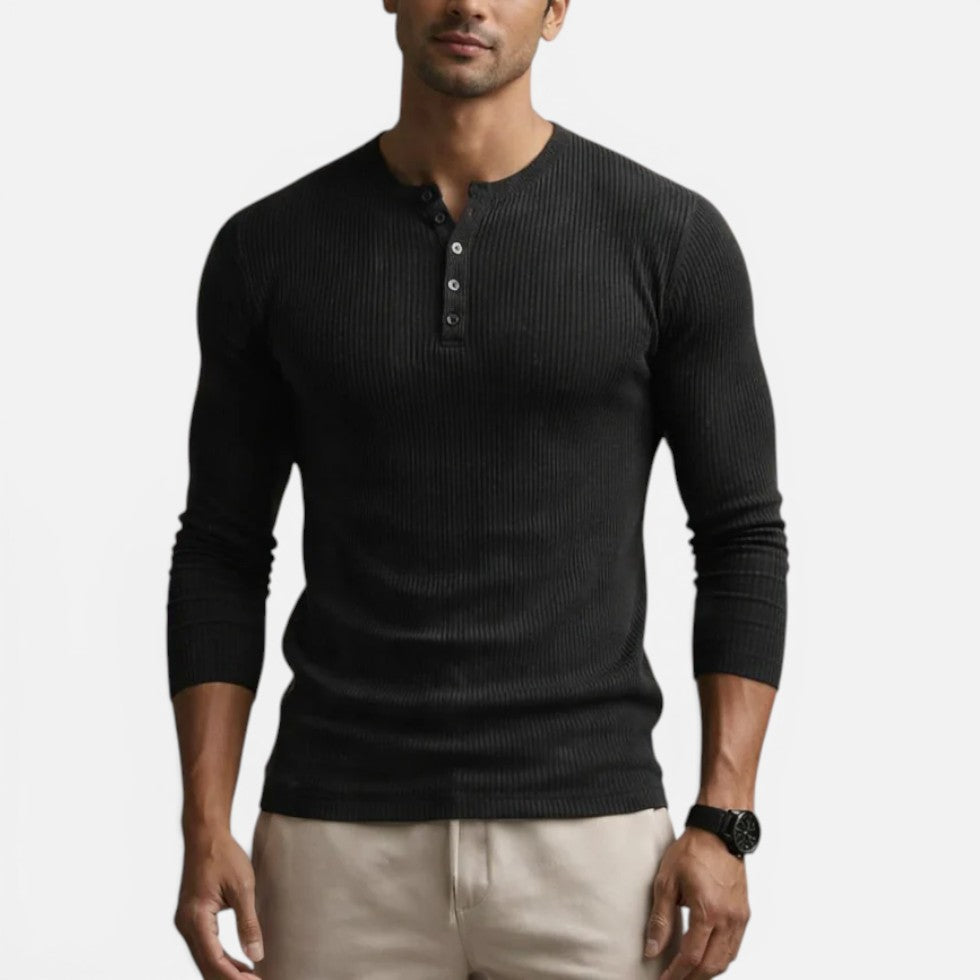 Thijs - Heren Longsleeve met Geribde Structuur en Knoopjes bij de Hals