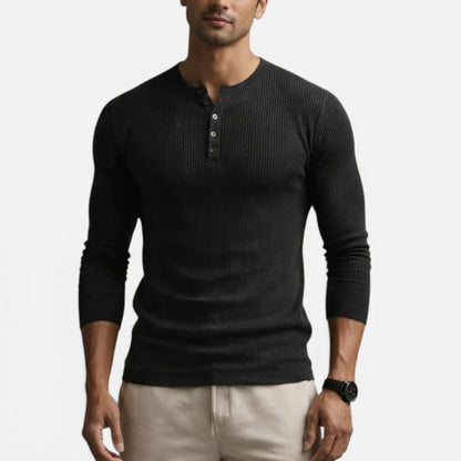 Thijs - Heren Longsleeve met Geribde Structuur en Knoopjes bij de Hals