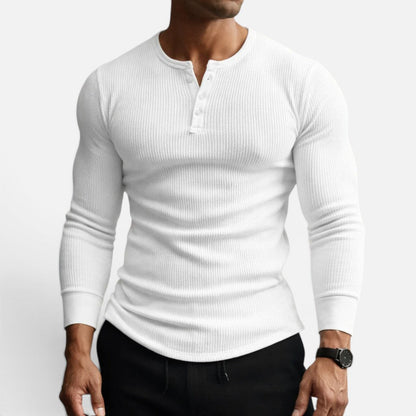 Thijs - Heren Longsleeve met Geribde Structuur en Knoopjes bij de Hals
