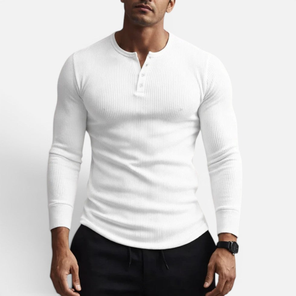 Thijs - Heren Longsleeve met Geribde Structuur en Knoopjes bij de Hals