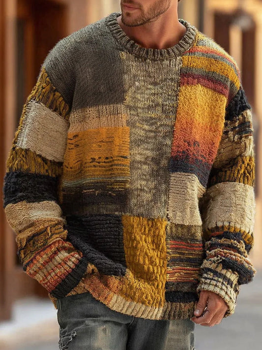 Thijs - Heren Trui Oversized Gebreid met Kleurrijk Patchwork Motief en Ronde Hals