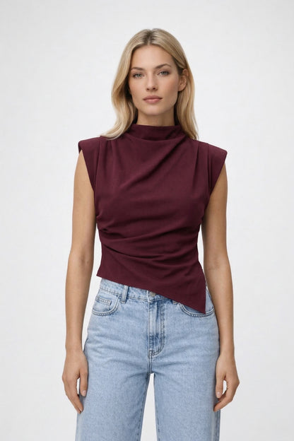 Top Dames - Structurele Hoge Hals met Draperie en Fronces | Chique