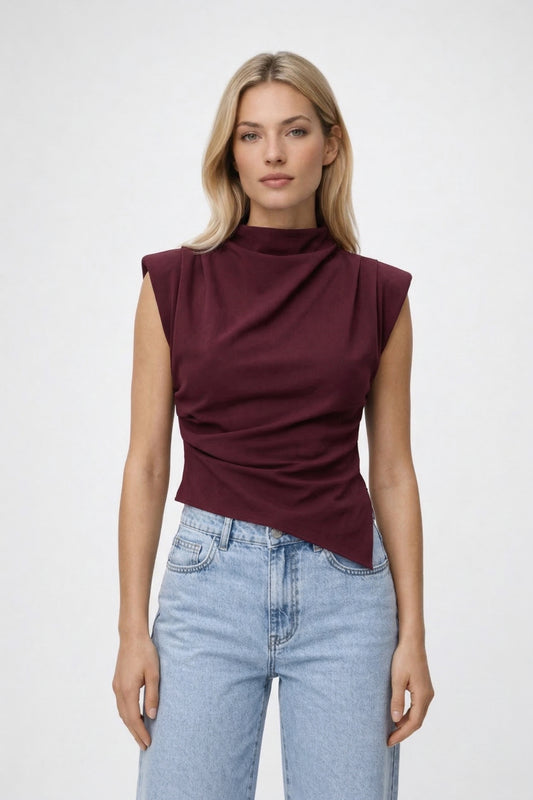 Top Dames - Structurele Hoge Hals met Draperie en Fronces | Chique