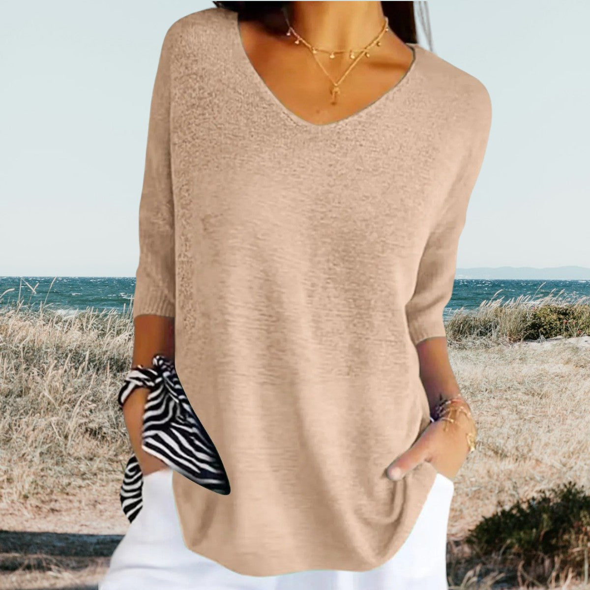 Trui Dames - Oversized V-hals met Driekwart Mouwen | Casual