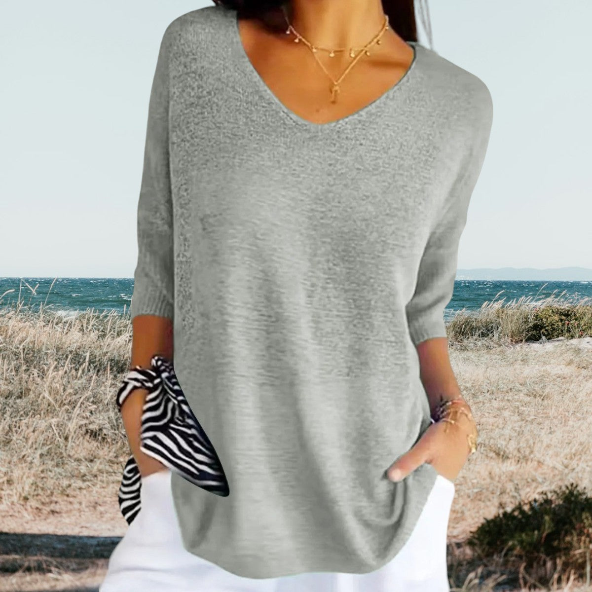 Trui Dames - Oversized V-hals met Driekwart Mouwen | Casual