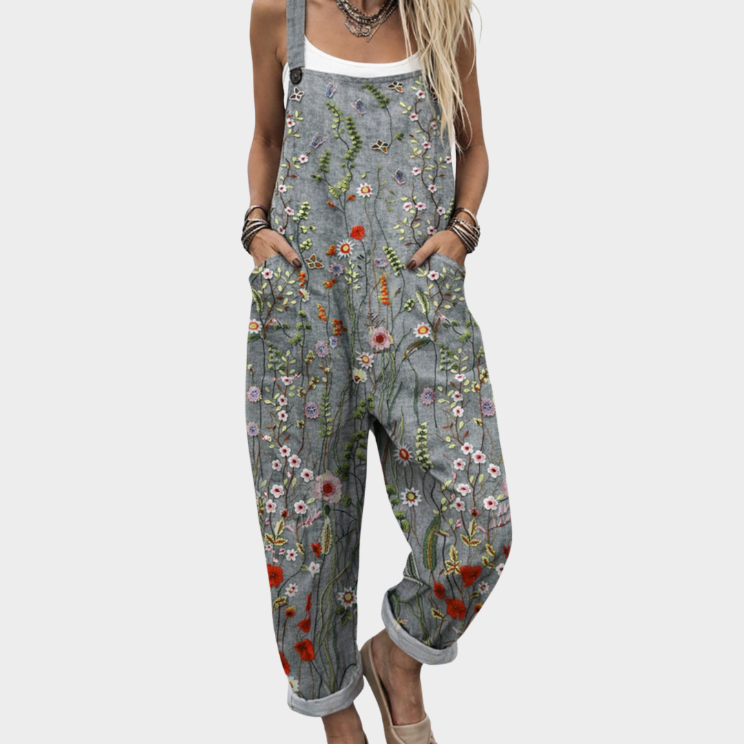 Wieke - Vintage Linnen Jumpsuit Dames met Bloemenprint en Omgeslagen Pijpen