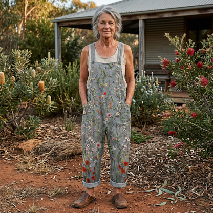 Wieke - Vintage Linnen Jumpsuit Dames met Bloemenprint en Omgeslagen Pijpen