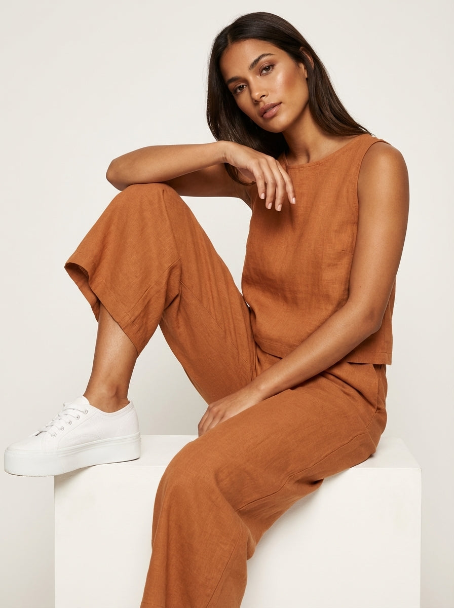 Yara - Stijlvolle Linnen Co-Ord Set Dames met Mouwloze Top en Palazzo Broek