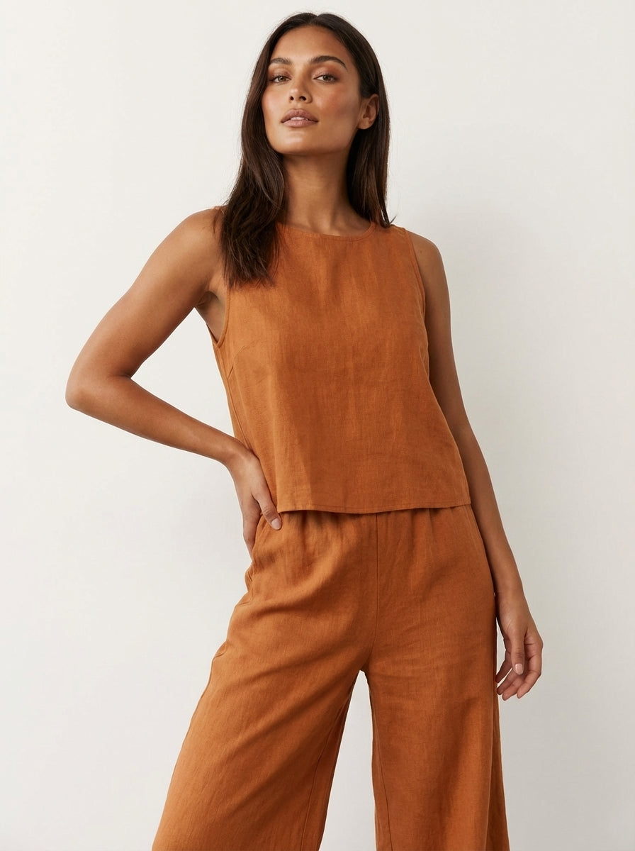 Yara - Stijlvolle Linnen Co-Ord Set Dames met Mouwloze Top en Palazzo Broek