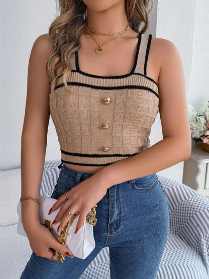 Top Dames - Gebreide Crop Top met Vierkante Hals en Knopen | Zomer