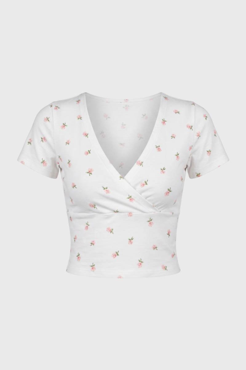Crop Top Dames - Wikkel Stijl | V-hals met Korte Mouwen — Bloemen Wit