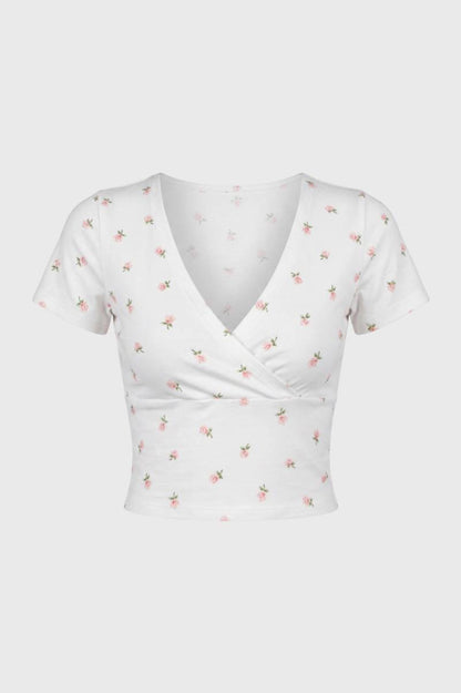 Crop Top Dames - Wikkel Stijl | V-hals met Korte Mouwen — Bloemen Wit