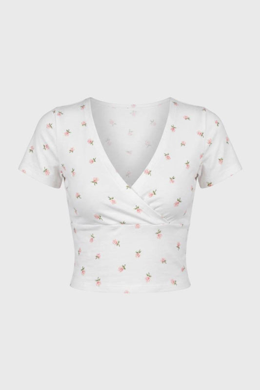 Crop Top Dames - Wikkel Stijl | V-hals met Korte Mouwen — Bloemen Wit