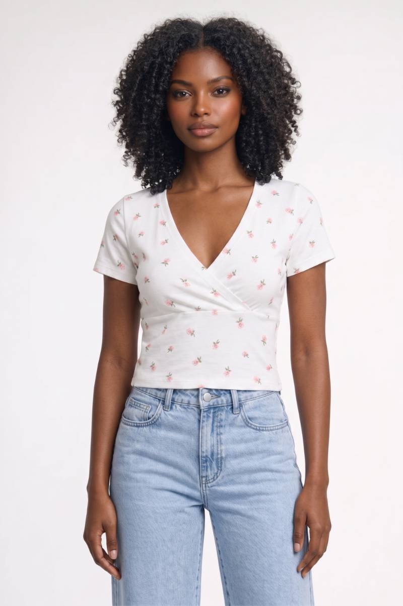 Crop Top Dames - Wikkel Stijl | V-hals met Korte Mouwen — Bloemen Wit