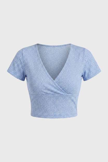 Crop Top Dames - Wikkel Stijl | V-hals met Korte Mouwen — Lichtblauw