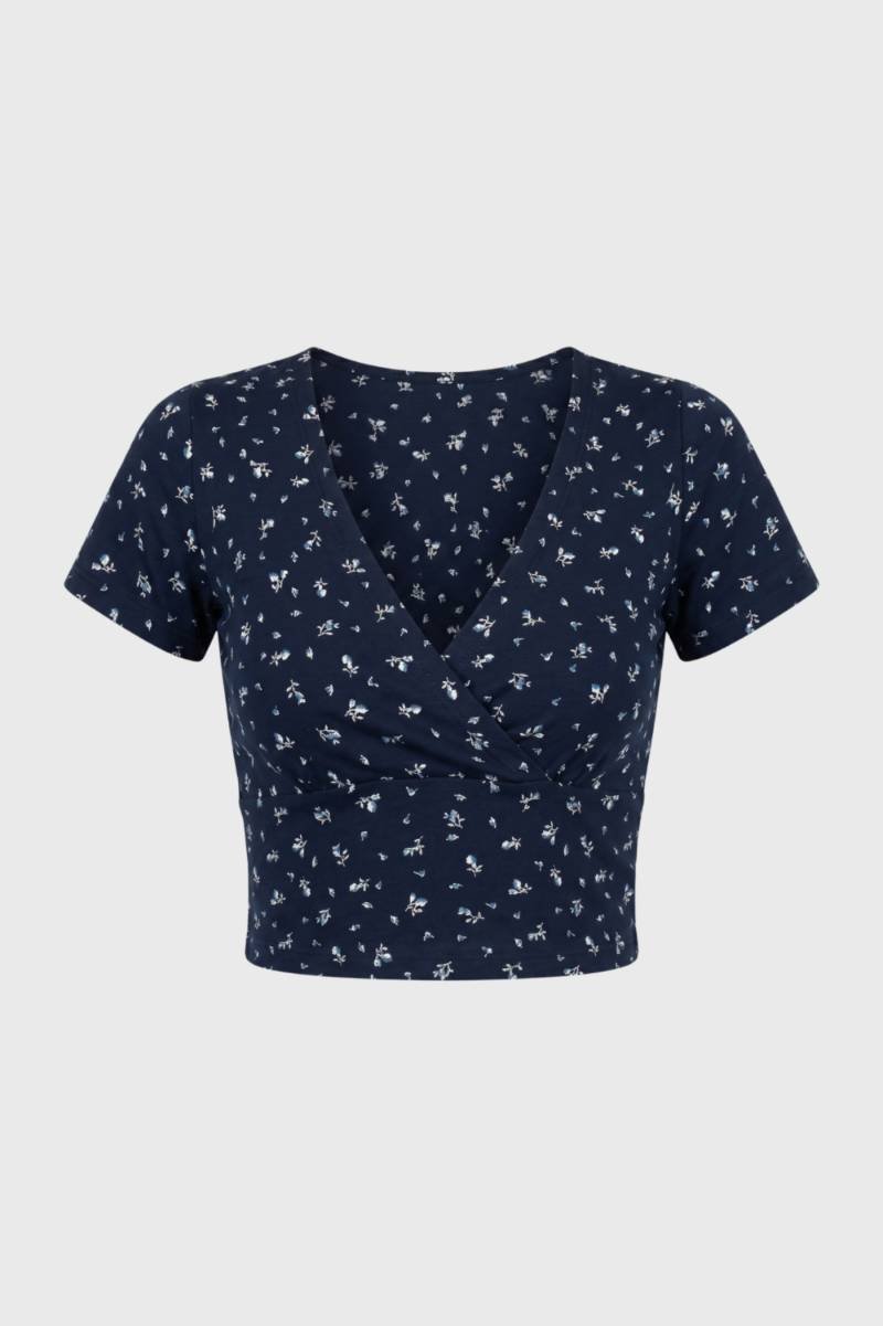Crop Top Dames - Wikkel Stijl | V-hals met Korte Mouwen — Bloemen Navy