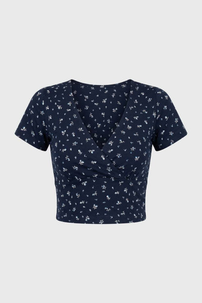 Crop Top Dames - Wikkel Stijl | V-hals met Korte Mouwen — Bloemen Navy