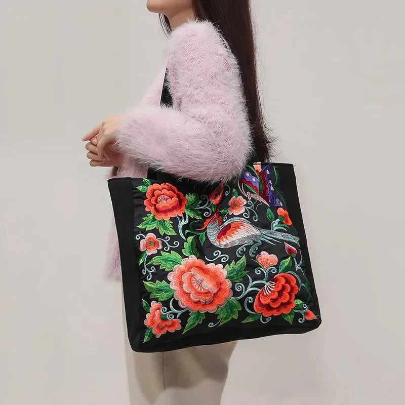 Tas Dames - Ruime Shopper met Geborduurde Bloemen en Vogelmotief | Bohemien
