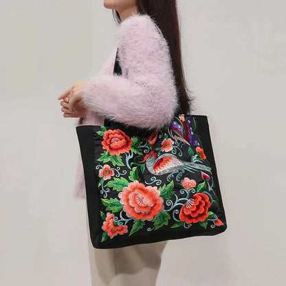 Tas Dames - Ruime Shopper met Geborduurde Bloemen en Vogelmotief | Bohemien
