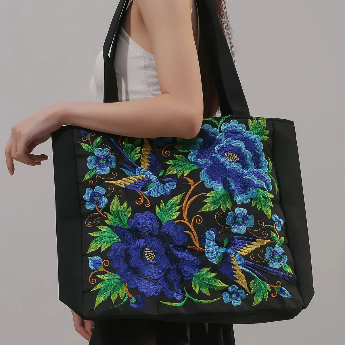 Tas Dames - Ruime Shopper met Geborduurde Bloemen en Vogelmotief | Bohemien