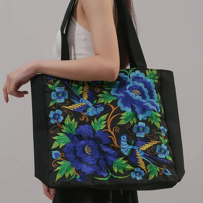 Tas Dames - Ruime Shopper met Geborduurde Bloemen en Vogelmotief | Bohemien
