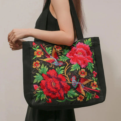 Tas Dames - Ruime Shopper met Geborduurde Bloemen en Vogelmotief | Bohemien