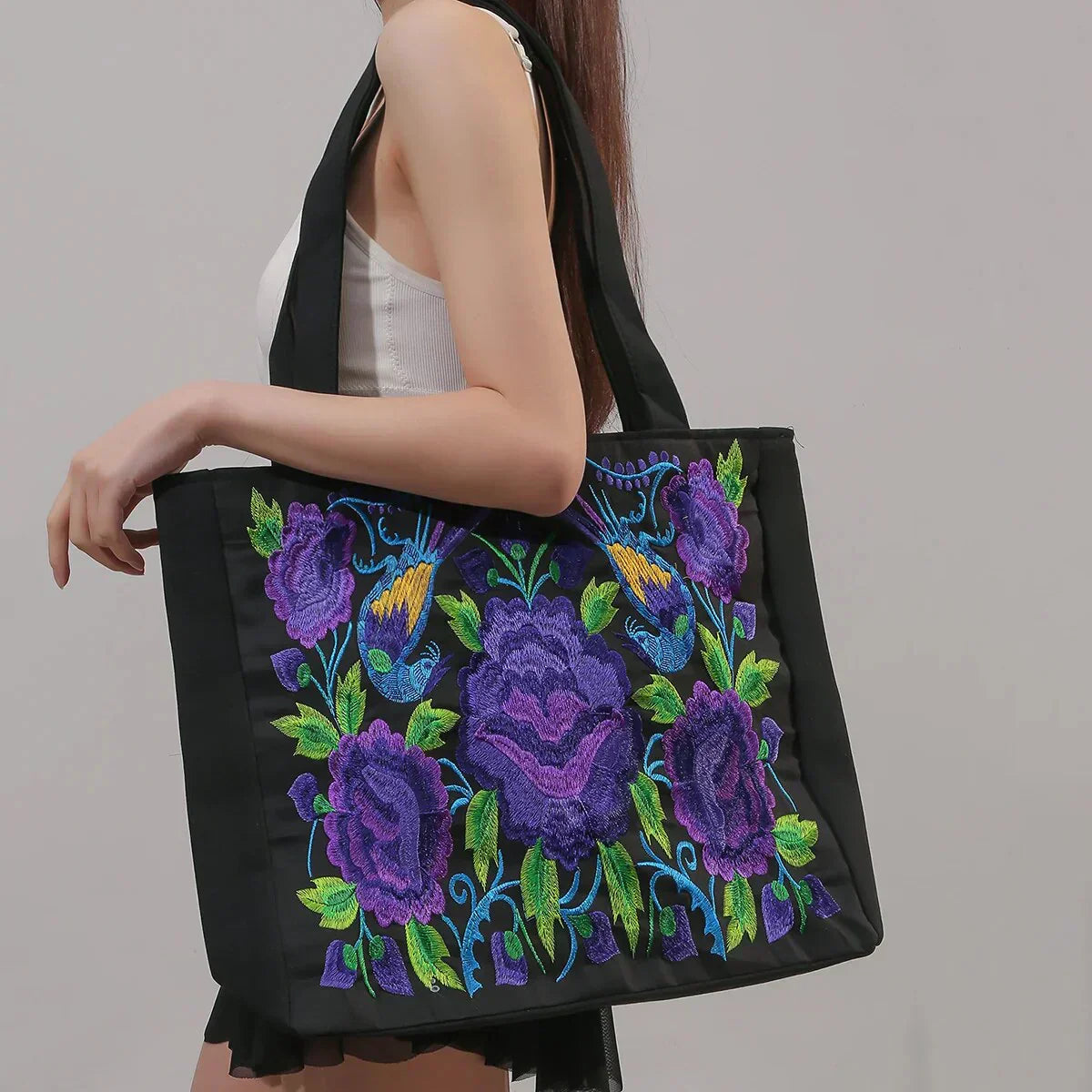 Tas Dames - Ruime Shopper met Geborduurde Bloemen en Vogelmotief | Bohemien
