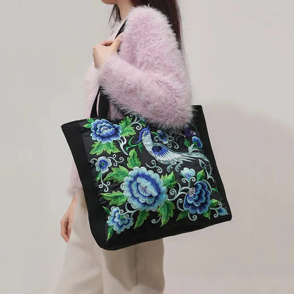 Tas Dames - Ruime Shopper met Geborduurde Bloemen en Vogelmotief | Bohemien